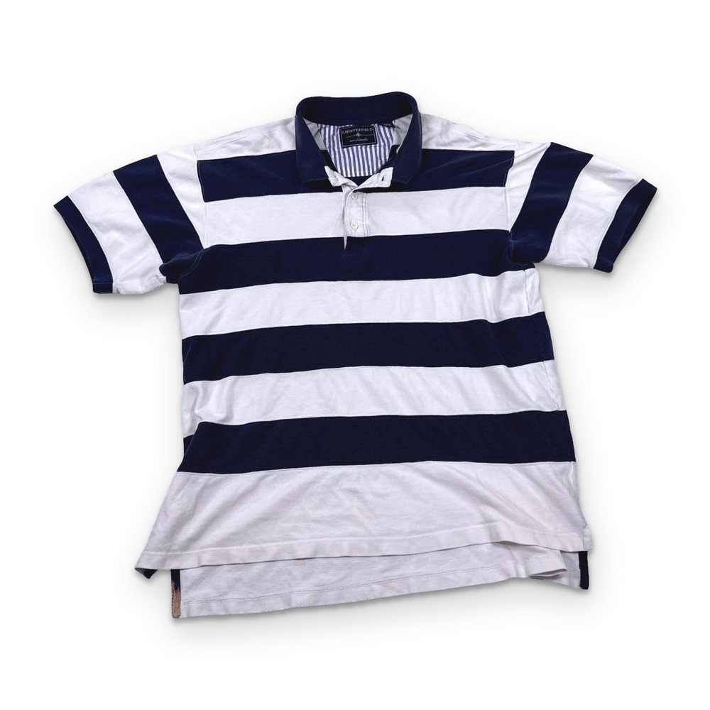 Vintage 90s Chesterfield Striped Rugby Shirt Mens XL Navy White Short Sleeve Y2K